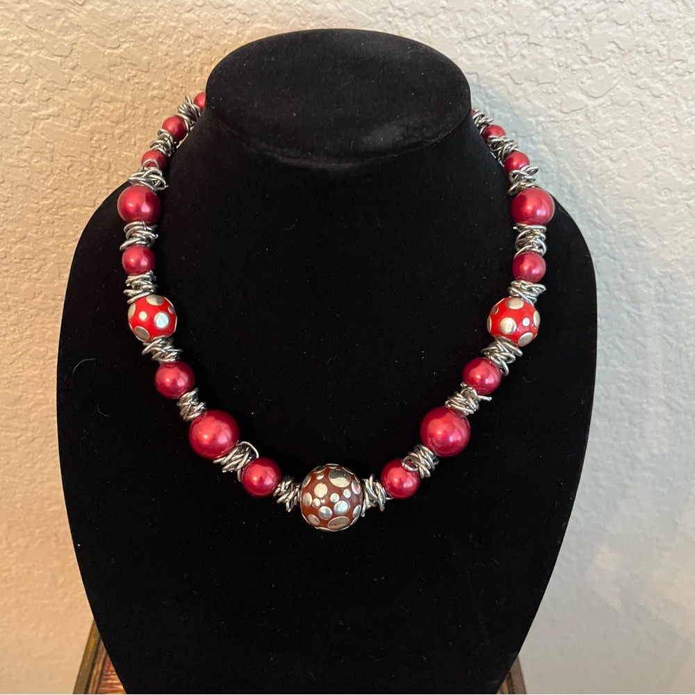 Red and Silver Beaded Necklace with Ornate Clasp